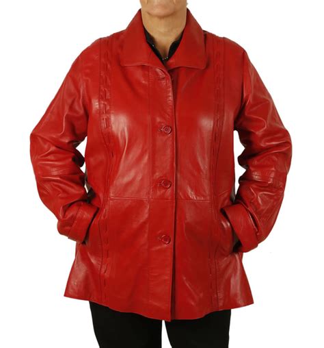 Plus Size 24 Ladies 34 Red Leather Jacket With Inlaid Detail From