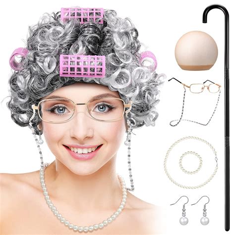 buy old lady wig costume granny cosplay wig with hair rollers granny cane grandma dress up