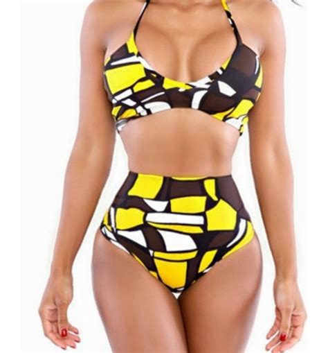 swimwear bikini high waisted bikini yellow wheretoget