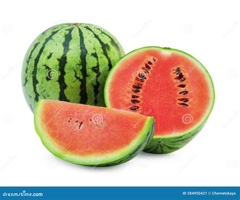 Delicious Cut And Whole Ripe Watermelons Isolated On White Stock Image