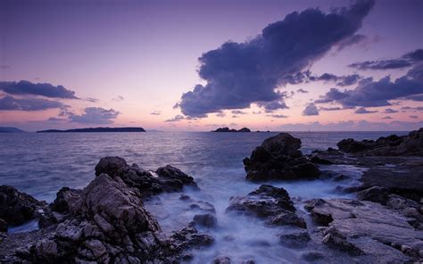 Ocean Pretty Rocks Purple Sky Wallpapers Ocean Pretty