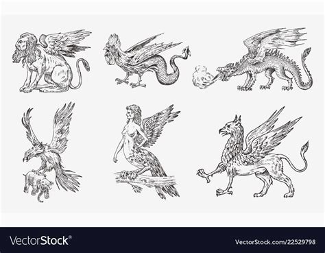 Set Of Mythological Animals Chinese Dragon Harpy Sphinx Griffin