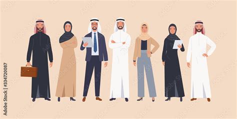 Group Of Arab Man And Woman Business People Standing Together In Traditional Islamic Clothes