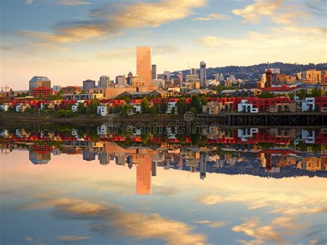 Portland Skyline And Reflection Twilight Stock Photo Image Of