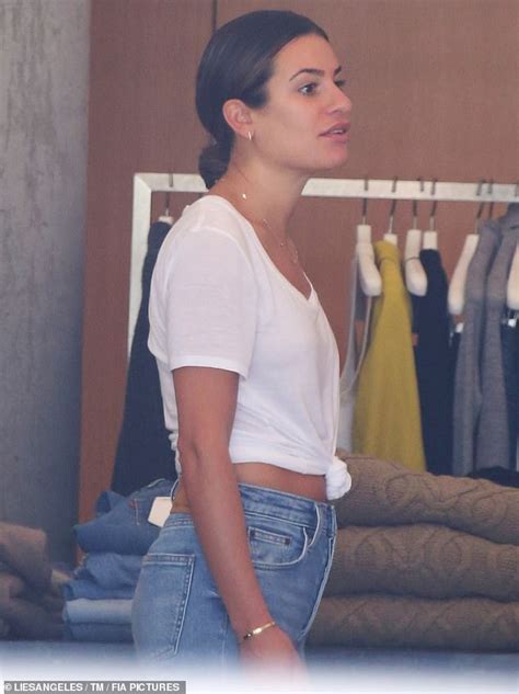 Lea Michele Shows Taut Tummy In Knotted White T Shirt While Shopping At
