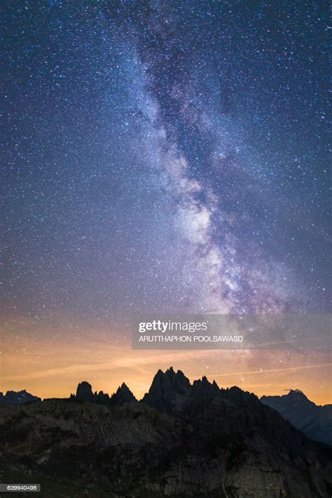 Alps Mountain Landscape With Night Sky And Mliky Way Dolomites Italy
