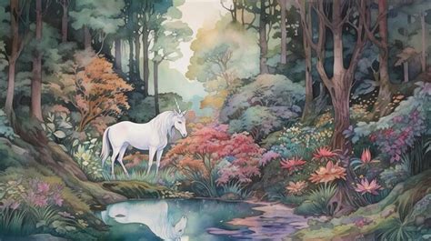 Premium Ai Image A Painting Of A White Horse In A Forest With Trees