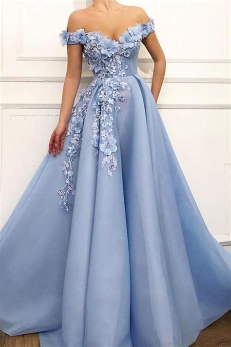 Charming 3d Floral Light Blue Off The Shoulder Long Prom Dresses Formal