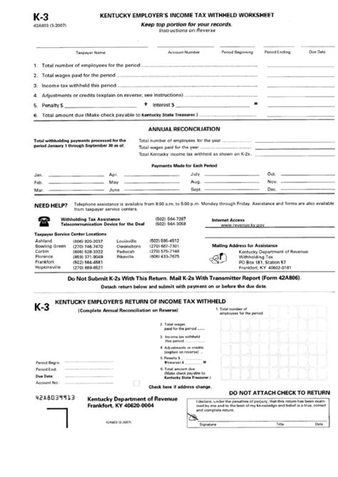 Form K 3 Kentucky Employers Income Tax Withheld Worksheet Kentucky