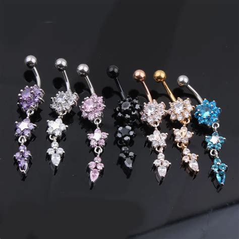 women s popular special crystal flower dangle navel belly button ring body piercing jewelry 14g