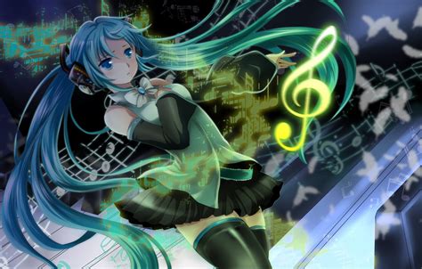 Photo Wallpaper Girl Notes Feathers Headphones Anime Music