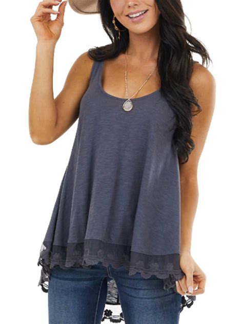 Womens Sleeveelss Swing Lace Tank Top Cami Camisole Summer High Low