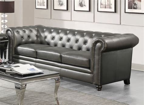 Chesterfield genuine leather antique blue three seater sofa. Coaster Furniture Roy Elegant Gunmetal Grey Faux Leather ...