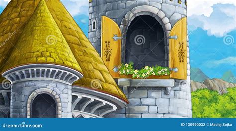 Cartoon Scene Of Castle Tower With Opened Window Nobody Illustration