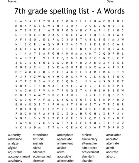 7th Grade Spelling List A Words Word Search Wordmint