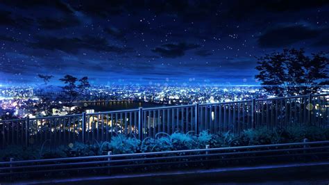 Download 1920x1080 Anime Cityscape Night Bokeh Scenic Buildings Stars