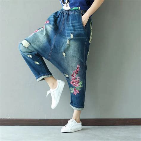 New 2017 Women Fashion Holes Floral Embroidery Denim Harem Pants Female Plus Size Loose Wide Leg