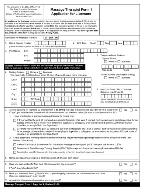 Fillable Online Op Nysed Massage Therapist Form 1 Application For