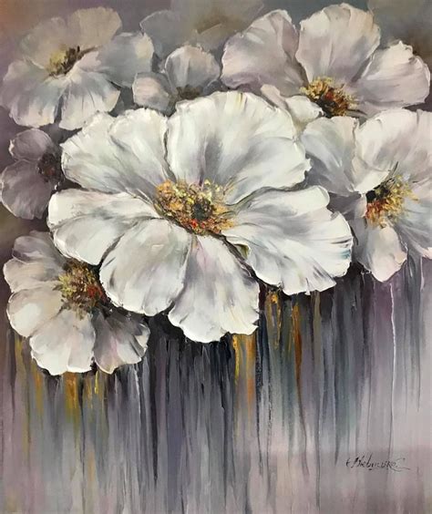 Extra Large Abstract Art Neutrals White Flowers Painting Gray Etsy
