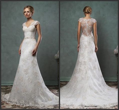 Charming Lace Amelia Sposa Wedding Dresses 2016 Sheer V Neck Cap Sleeve