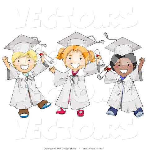 Cartoon Vector Of Happy Diverse School Kids Wearing Graduation Caps And