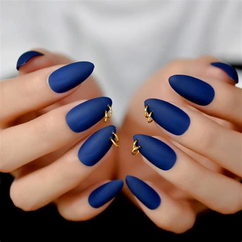 Designed Almond Nails Deep Blue Medium Nail Gold Ring Decoration Nails