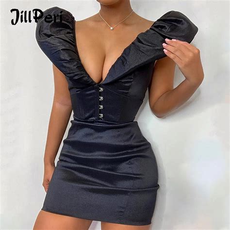 Jillperi Women Deep V Neck Sexy Party Dress Solid Puff Shoulder Sleeveless Sheath Elegant Outfit