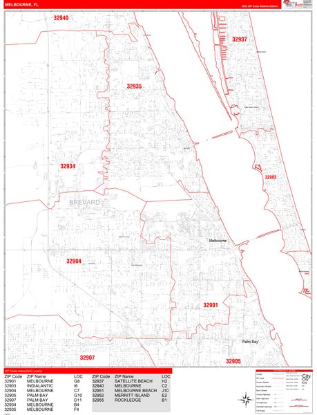 Melbourne Florida Zip Code Wall Map Red Line Style By Marketmaps