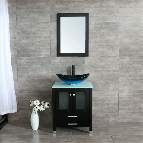 Wonline 24 Black Bathroom Wood Vanity Cabinet And Tempered Glass Vessel