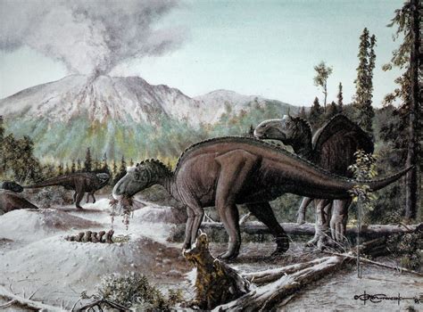 An Artists Rendering Of Dinosaurs In The Woods