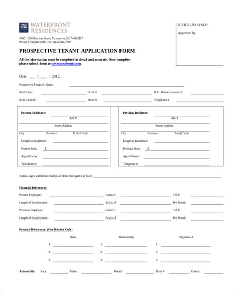 Free 9 Sample Tenant Application Forms In Pdf Ms Word