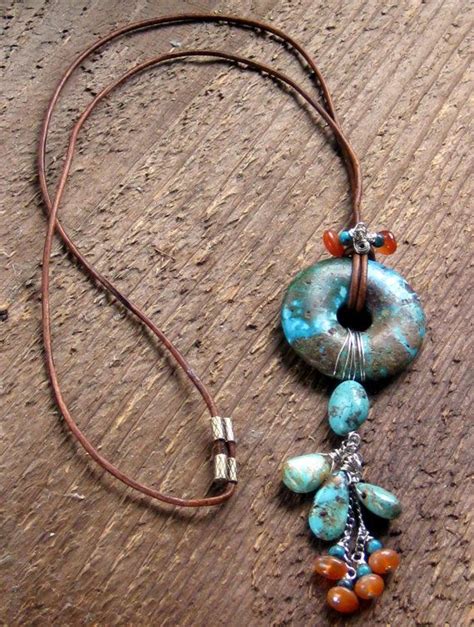 Turquoise Necklace Beaded Leather Necklace Donut Necklace Etsy