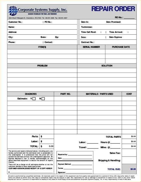 Free Printable Repair Order Forms
