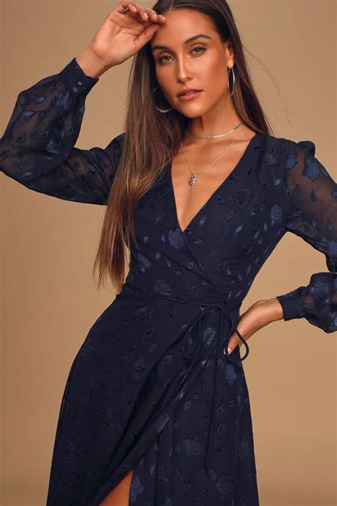 Evening Of Elegance Navy Blue Floral Jacquard Wrap Midi Dress In 2021 Wrap Midi Dress Long