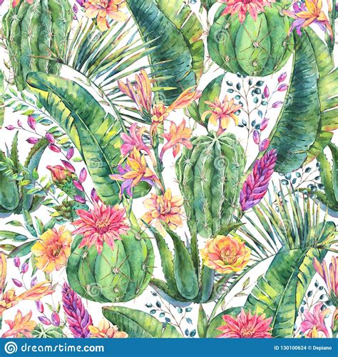 Exotic Natural Vintage Watercolor Blooming Cactus Seamless