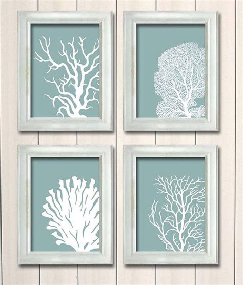 Coral bathroom bathroom rules bathroom decor bathroom wall | etsy. Set 4 Coral Prints Mist Blue/Green Nautical print nautical ...