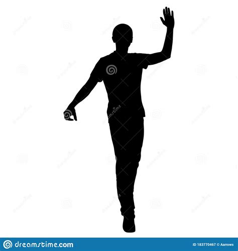Black Silhouettes Man With Arm Raised On A White Background Stock