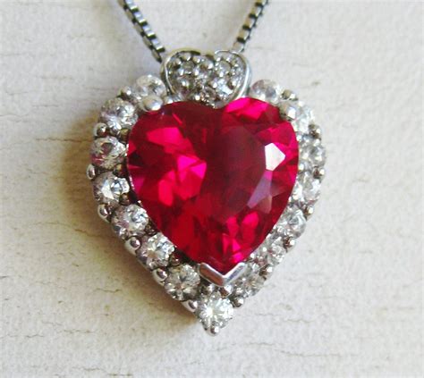 Vintage Necklace Ruby Red Heart Shaped Jeweled Sterling Silver Pendant