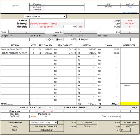 Planilha Ordem De Vendas Para Imprimir Pedido Em Excel Parcelamento