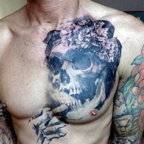 A Man With A Skull And Flowers On His Chest