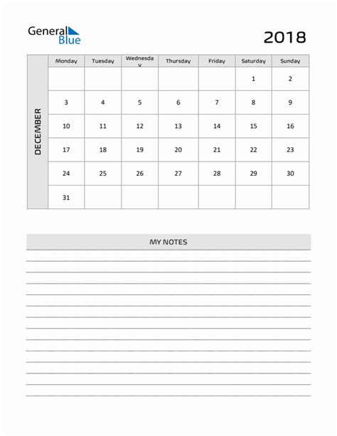December 2018 Printable Monthly Calendar With Notes