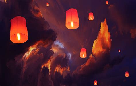 Lantern Sky Lanterns Clouds Artwork Floating Wallpaper And Background