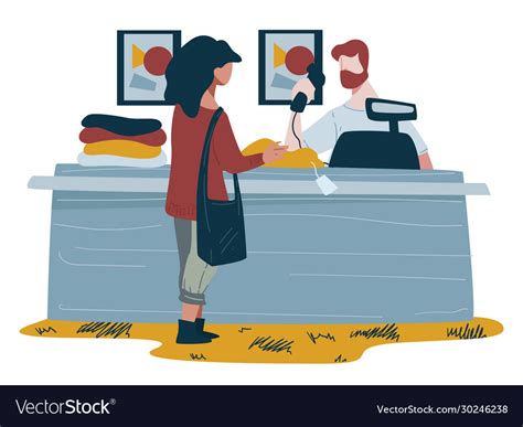 Sales Clerk At Shopping Counter And Woman Buying Vector Image