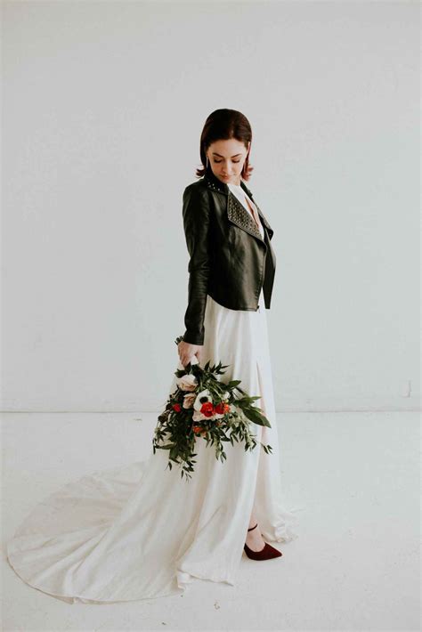 Offbeat Bride Wearing Leather Jacket Over Wedding Dress Edgy Meets