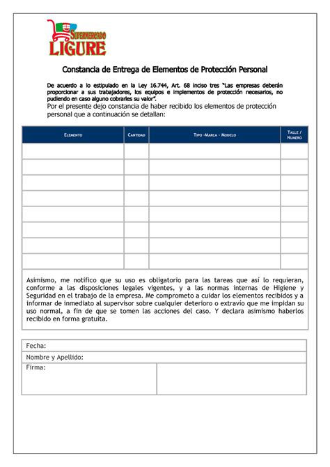 Registro DE Entrega DE EPP Constancia De Entrega De Elementos De