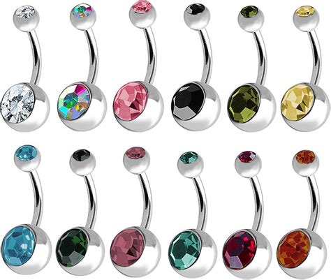 12 Pcs Double Jeweled Cz Crystal Belly Button Navel Rings Body Jewelry Piercing 316l