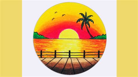How To Draw Scenery For Beginners Drawing Sunset Scenery In Circle