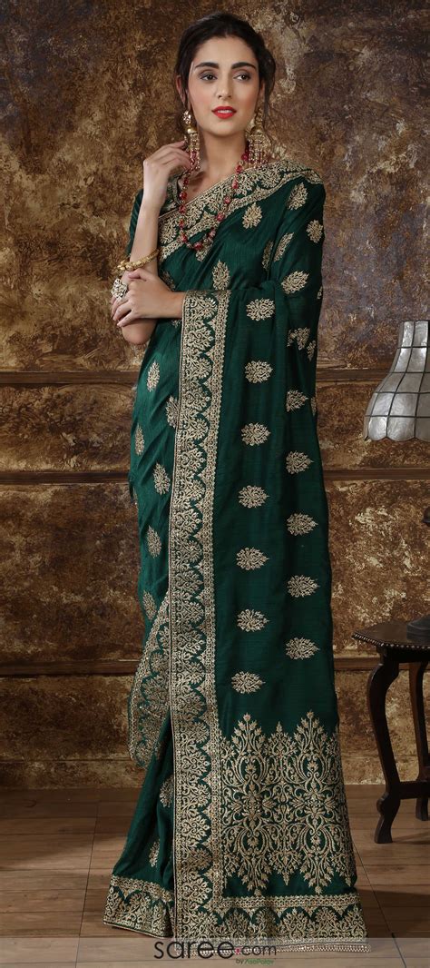 Bottle Green Silk Desinger Embridered Saree With Stone Work Indian
