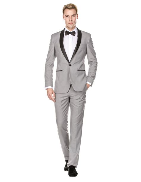 mens prom wedding slim fit shawl tuxedo light grey