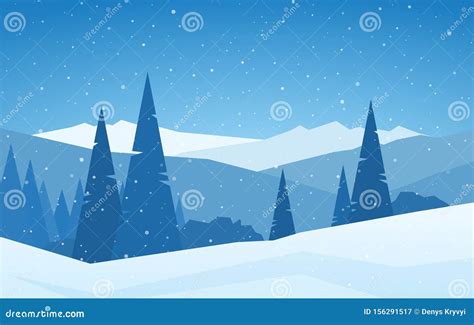 Winter Christmas Snowy Calm Mountains Landscape With Pines Hills And